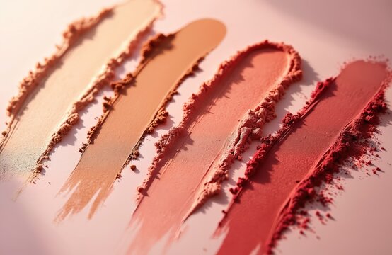 Makeup swatches of cosmetic powder in peach, beige, coral, and red tones. Various makeup products are arranged in lines on a soft pastel background. This shows a color palette.