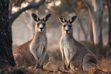 Fototapeta premium Two kangaroos standing upright in natural habitat with dry grass and trees in background, showing alert and calm expression in soft morning light