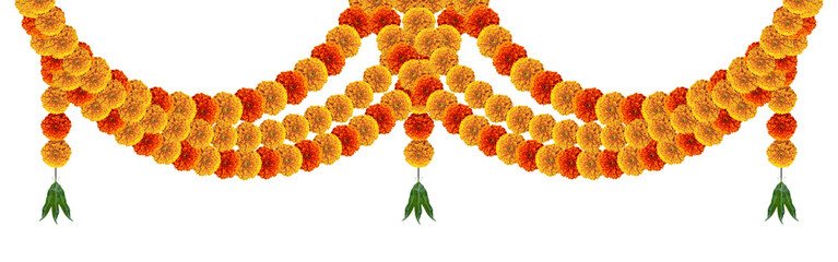 Marigold flowers hanging arch gate for hindu festivals and invite decorative design element with mango leaves © deepak
