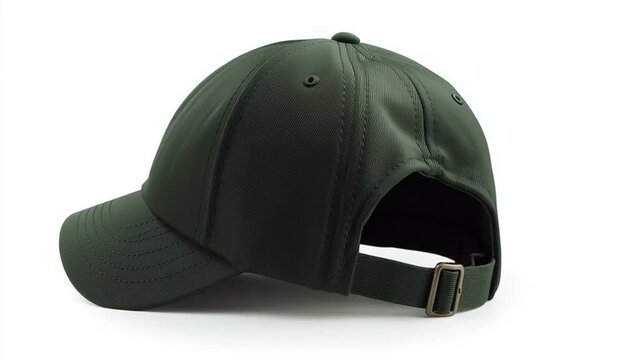 Dark green baseball cap on white background, plain blank dad hat with curved brim, front view centered, cotton twill fabric texture, visible stitching details