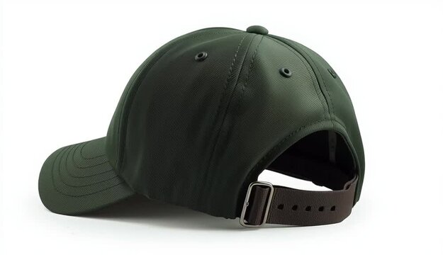 Dark green baseball cap on white background, plain blank dad hat with curved brim, front view centered, cotton twill fabric texture, visible stitching details