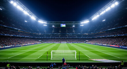 Fototapeta premium An expansive, brightly lit soccer stadium at night. The lush, green field is the focal point, bisected by white lines and flanked by goalposts