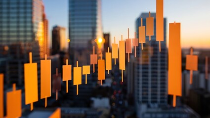 Modern urban cityscape at sunset featuring glass skyscrapers, glowing skyline, and digital financial data charts symbolizing business growth, technology, investment, innovation, and economic progress