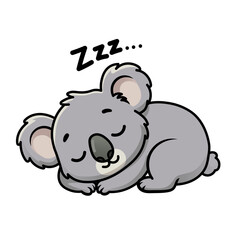 Obraz premium Cute grey koala cartoon character sleeping peacefully with Zzz text, eyes closed in rest and relaxation, charming animal mascot for nursery and stickers on white.