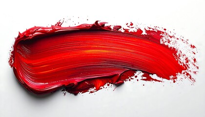 A close-up studio shot showcasing a single, vibrant smear of rich red paint against a stark white backdrop. The brushstroke exhibits textured detail