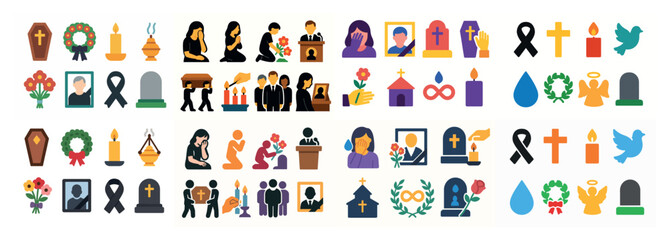Obraz premium Colorful funeral and mourning symbol icons