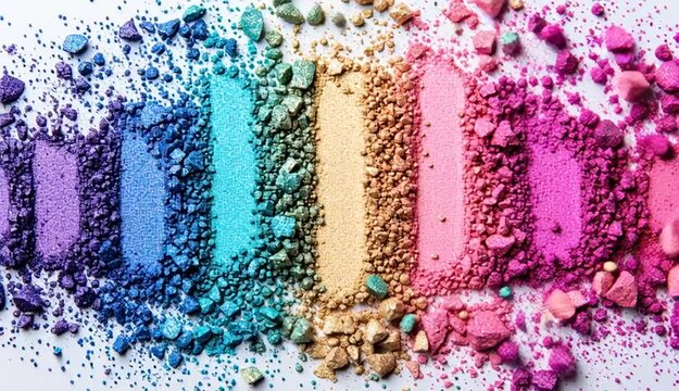 Crushed colorful eyeshadow makeup powder in rainbow gradient stains, turquoise blue beige gold hot pink light pink purple navy lavender mauve colors, vertical color sections, shimmer and glitter tex