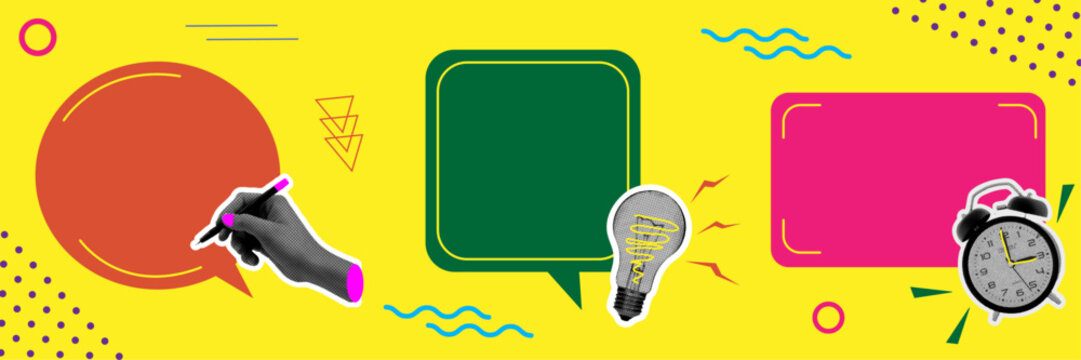 Vector set of dialog boxes in halftone collage style. Memphis vintage illustration