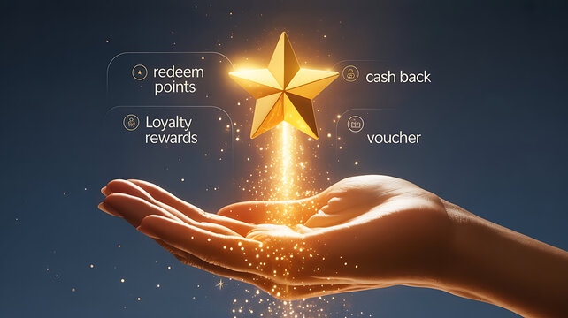 A hand holding a shining golden star with loyalty rewards and points redeemable
