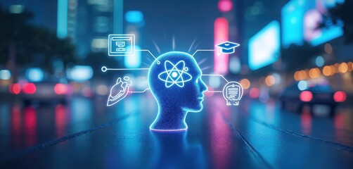Digital human head with atomic symbol and icons representing knowledge, learning and growth. City lights glow in background. Futuristic education concept.