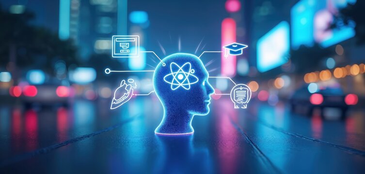 Digital human head with atomic symbol and icons representing knowledge, learning and growth. City lights glow in background. Futuristic education concept. - Powered by Adobe