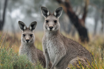 Fototapeta premium Wild kangaroo mother and joey in natural green landscape with soft light creating serene and peaceful atmosphere in wilderness