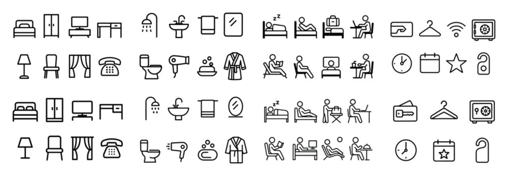 Hotel room amenities line icons set
