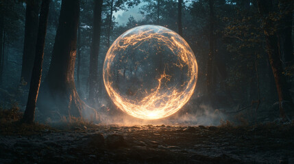 Fototapeta premium Enchanted Sphere Glowing in Dark Mysterious Forest Atmosphere