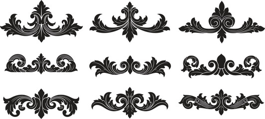 Collection of ornate black fleur de lis designs and decorative borders © Vecto_Pixels