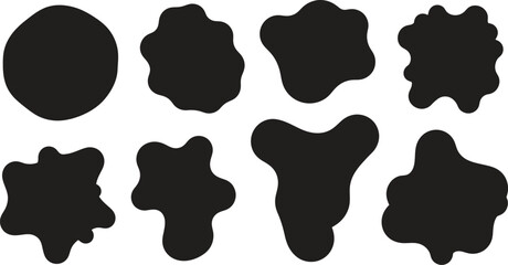 A collection of 8 irregular black shapes on a white background