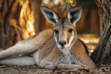 Wild kangaroo resting on ground in natural enclosure with warm light and soft fur texture creating calm and peaceful atmosphere in forest setting