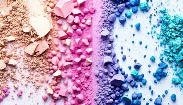 Crushed colorful eyeshadow makeup powder in rainbow gradient stains, turquoise blue beige gold hot pink light pink purple navy lavender mauve colors, vertical color sections, shimmer and glitter tex