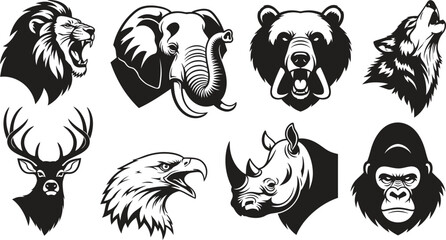 Collection of wildlife animal heads in black and white © Vecto_Pixels