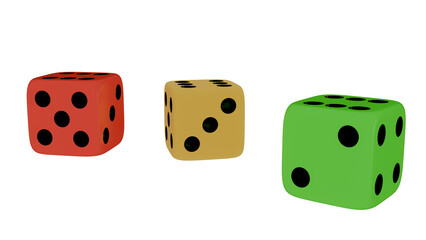 3D render of colorful dice isolated on transparent background. Red, yellow and green game cubes with black dots, suitable for board games, gambling, casino and game design concepts, png