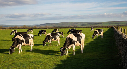 Fototapeta premium Black-and-white cows grazing in a lush green field with rolling hills in the background.