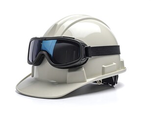 A close-up studio shot shows a work helmet with safety goggles resting on its brim against a plain white background