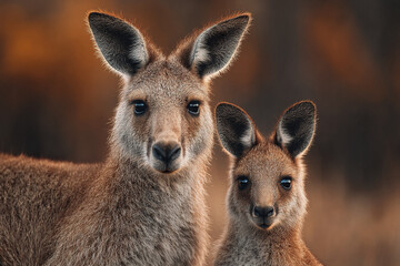 Fototapeta premium Wild kangaroo with baby joey in pouch close up portrait with natural blurred background showing soft fur and alert ears in warm light