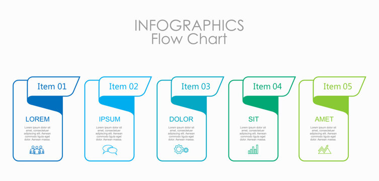Colorful 5-step infographic with vertical labels, icons, and placeholder text, ideal for business processes, presentations, or project timelines. Vector illustration.