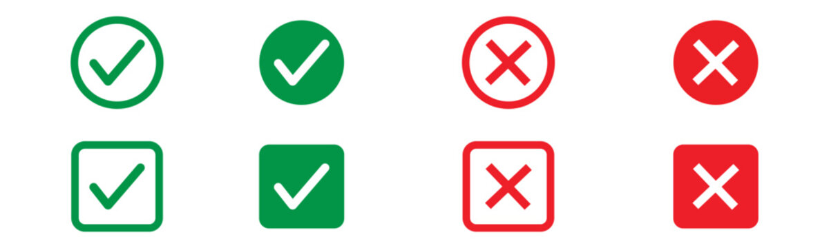 Green check marks and red crosses show approval and disapproval. Vector of tasks, quizzes, or assessments to indicate correct and incorrect choices.