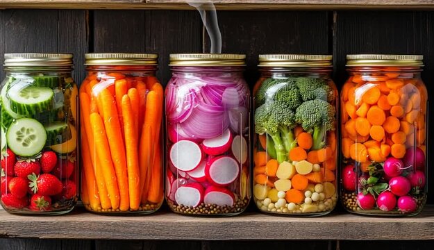 Two rows of mason jars filled with colorful pickled vegetables on rustic wooden shelves, top row contains pink pickled onions, cucumber slices, broccoli and carrots, orange carrot sticks, broccoli w