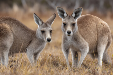 Two wild kangaroos stand alert in dry grassland with soft brown fur and large ears, creating calm and natural wildlife scene in open pasture environment
