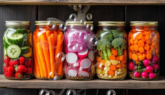 Two rows of mason jars filled with colorful pickled vegetables on rustic wooden shelves, top row contains pink pickled onions, cucumber slices, broccoli and carrots, orange carrot sticks, broccoli w