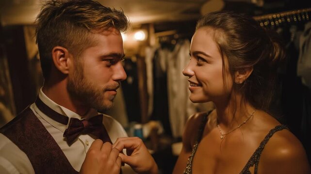 Backstage, a helpful wife is straightening her husband's bow tie.