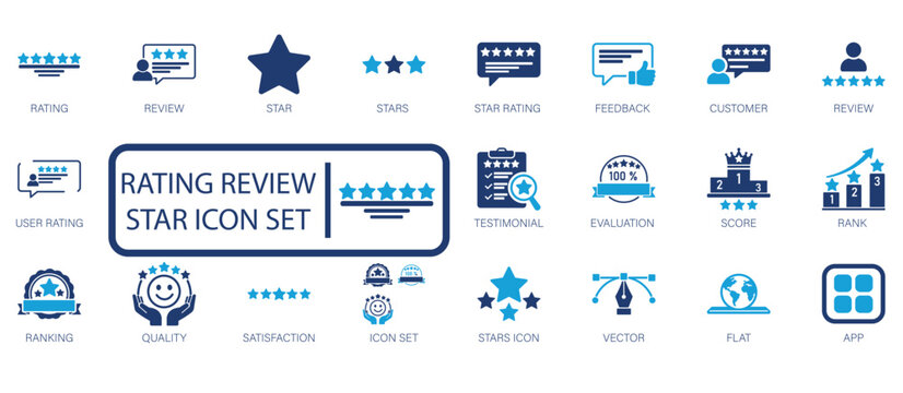 Rating and review icon set featuring star ratings, customer feedback, testimonials, quality satisfaction, evaluation scores, ranking, and user experience appraisal symbols.