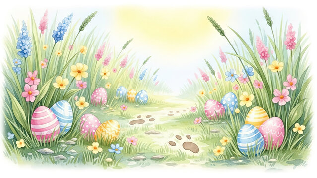 Colorful Easter Eggs Hidden in a Spring Garden with Flowers