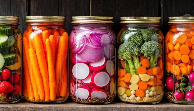 Two rows of mason jars filled with colorful pickled vegetables on rustic wooden shelves, top row contains pink pickled onions, cucumber slices, broccoli and carrots, orange carrot sticks, broccoli w