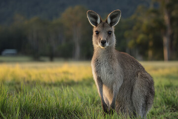 Young kangaroo standing upright in green field with soft sunlight and blurred forest background, showing alert and calm expression in natural habitat