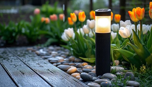 Solar-powered motion sensor garden light mounted on wooden post illuminating pathway, warm LED glow on wet wooden deck with river stones, white and orange tulips in background garden bed
