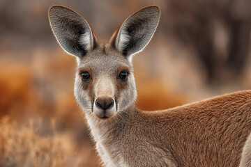 Young kangaroo portrait with large ears raised in natural habitat showing detailed fur and curious expression in warm autumn colors