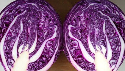 A close-up, symmetrical view of a vibrant red cabbage cut in half, showcasing its intricate internal structure and textures