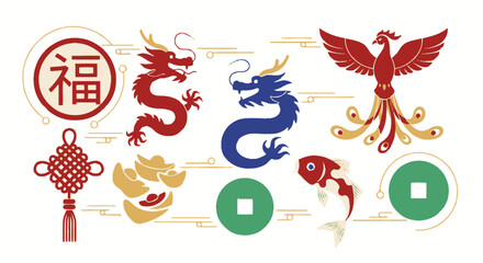 Obraz premium Collection of Traditional Chinese New Year Auspicious Symbols on Isolated White Background