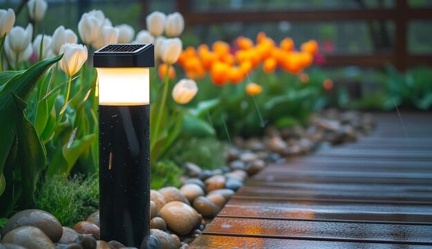 Solar-powered motion sensor garden light mounted on wooden post illuminating pathway, warm LED glow on wet wooden deck with river stones, white and orange tulips in background garden bed
