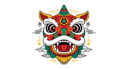 Energetic Colorful Chinese Lion Dance Mask Head Roaring with Stylized Clouds, Festive Traditional Symbol, Isolated White Background