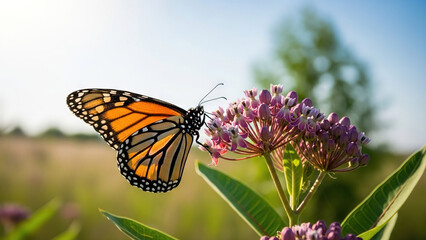 Obraz premium Butterfly perched on flowering plant in sunny field