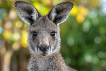 Fototapeta premium Young kangaroo standing upright front facing portrait with soft fur and large ears in natural green and yellow blurred background, showing calm and curious expression