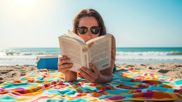 Woman reading a book on colorful beach towel with ocean view
