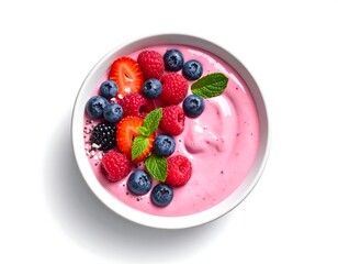 A close-up, top-down view of a vibrant bowl of pink, creamy yogurt, adorned with fresh berries and mint leaves