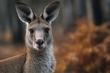 Fototapeta premium Young kangaroo standing upright in natural habitat with soft focused autumn background, showing detailed fur and alert expression in warm light