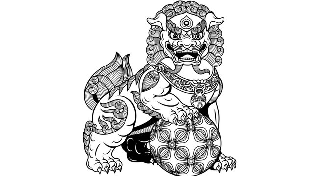 Black and White Line Art Illustration of a Traditional Chinese Foo Dog Guardian Lion on a Ball, isolated white background