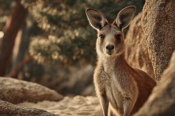 Young kangaroo standing on sandy ground near large rocks with blurred natural background, showing curious and calm expression in warm light